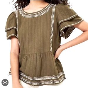 LOFT Embroidered Flutter Sleeve Blouse Olive Green and White Size Small